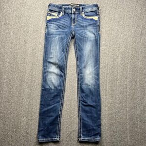 Express Jeans Skinny Low Rise Womens 0R Blue Embroidered Pockets Stretch Denim